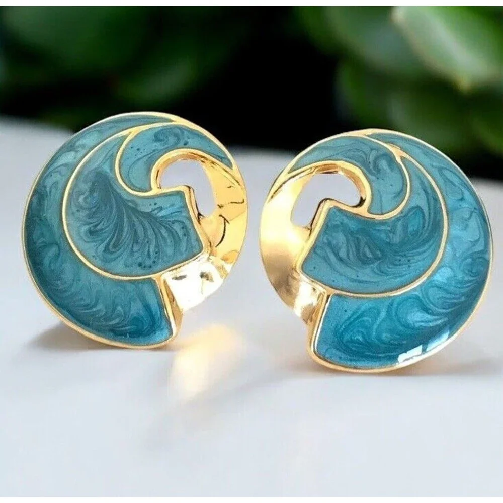 Vintage 1980s Blue Enamel Swirl Earrings Gold Tone Pierced NOS - 7L